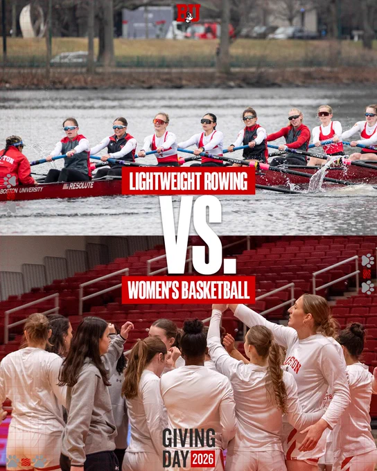 BU women's basketball vs. BU lightweight rowing Head-to-Head Giving Day challenge graphic
