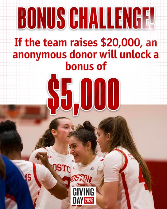 BU women's basketball bonus challenge graphic for Giving Day, giving the team the potential to unlock $5,000 by reaching $20,000 in donations.