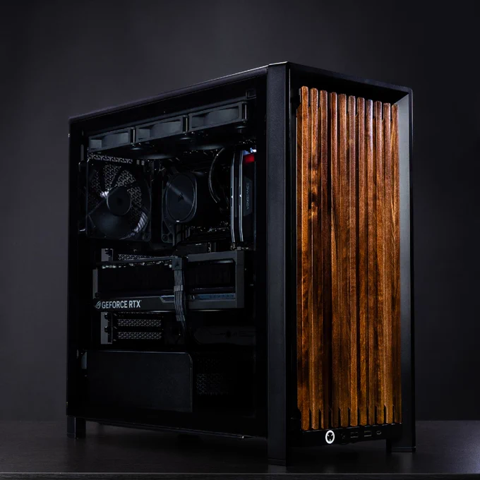 A dynamic image of an all black COrsair build, created in the FRAME Configurator.  The front panel is a dark wood aesthetic that offsets the solid black coloration.   