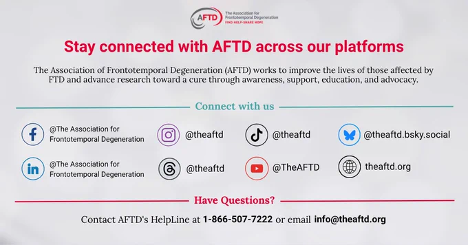 A digital flyer for The Association for Frontotemporal Degeneration (AFTD) shows their logo and encourages staying connected through social media platforms including Facebook, LinkedIn, Instagram, TikTok, Bluesky, YouTube, and their website, with corresponding icons and handles. A contact for AFTD's Helpline and email are also provided for inquiries.