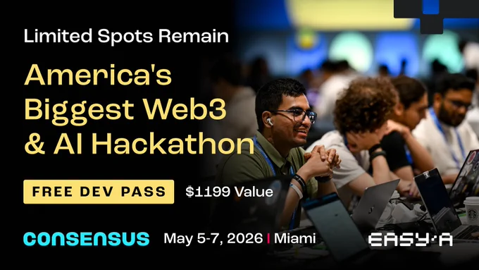 Promotional event for a major Web3 and AI hackathon in Miami, offering limited spots and free developer passes.