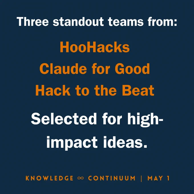 3 standout teams from HooHacks, Claude for Good, Hack to the Beat. Selected for high-impact ideas. Knowledge Continuum May 1