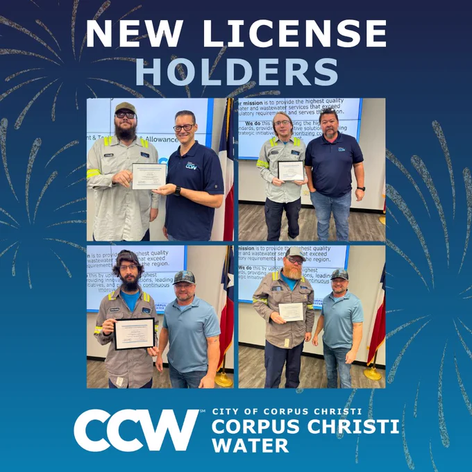 Recognition of Corpus Christi Water's new wastewater license holders. 

Clockwise from top left:
Jacob Smith, Class 1 Wastewater Collection Operator
Jacob Sembroski, Class C Wastewater Treatment Operator
Dennis Kneuper, Class 1 Wastewater Collection Operator
Eric Barrientez, Class C Wastewater Treatment Operator
