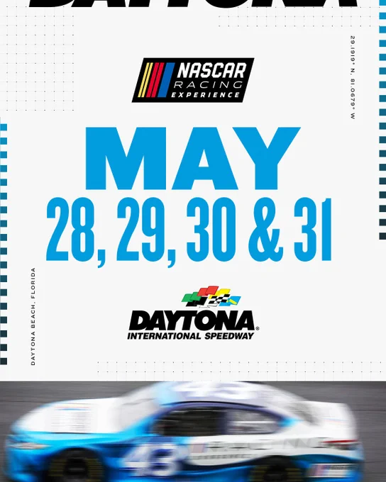 A graphic featuring the May dates for the NASCAR Racing Experience at Daytona International Speedway