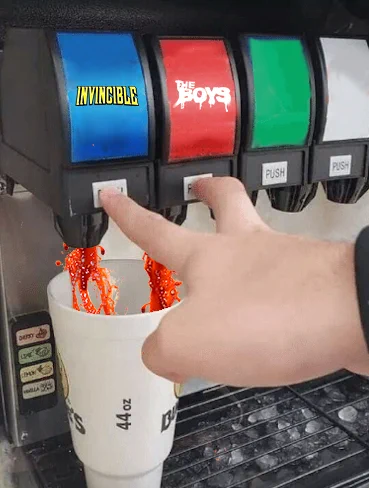 A hand pushes two buttons at a soda fountain. One is labeled Invincible and the other is labeled The Boys. Blood shoots out of both into a cup instead of soda.