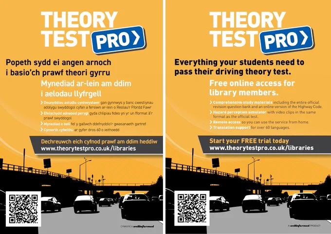 Poster advertising Theory Test Pro which is free online for library members who are learning to drive.

Poster yn hysbysebu Theory Test Pro sydd ar gael ar-lein am ddim i aelodau llyfrgell sy'n dysgu gyrru.