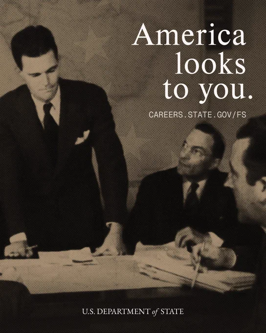 Historic photo of U.S. diplomats speaking with foreign counterparts, with graphic text, “America looks to you.”
