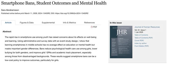 The rapid rise in smartphone use among youth has raised concerns about its effects on well-being and learning. Using administrative and survey data with an event-study design, I show that banning smartphones in middle schools has no average effect on education or mental health but masks important gender differences. Bans reduce psychological health care use among girls, lower bullying for both genders, and improve girls’ GPAs and academic track placement, especially among those from disadvantaged backgrounds. These results suggest smartphone bans can be a low-cost policy to improve outcomes, particularly for girls.