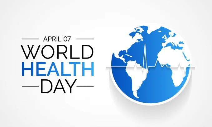 Blue and white globe with heartbeat line symbolizing global health awareness for World Health Day on April 7.