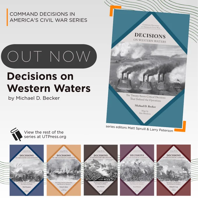 Graphic features the newly released book cover for Decisions on Western Waters by Michael D. Becker with the text Out Now in large letters. At the bottom of the image is a row of previously-released titles in the same series.