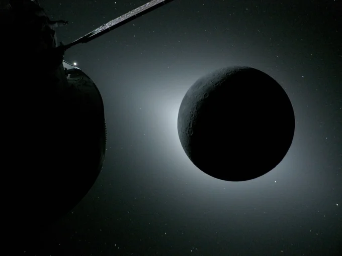  The Moon, backlit by the Sun during a solar eclipse, is photographed by NASA’s Orion spacecraft on April 6, 2026, during the Artemis II mission. Orion is visible in the foreground on the left. Earth is reflecting sunlight at the left edge of the Moon, which is slightly brighter than the rest of the disk. The bright spot visible just below the Moon’s bottom right edge is Saturn. Beyond that, the bright spot at the right edge of the image is Mars. Credit: NASA