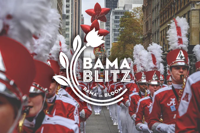 Members of the Million Dollar Band march in a parade. Text reads "Bama Blitz: Bama in Bloom"