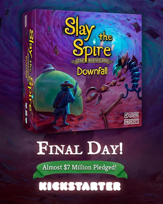 Downfall board game box with caption "final day! Almost $7 million pledged! Kickstarter" on a spire background with purples and blues swirling at the top