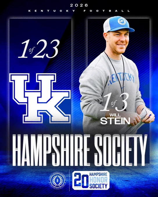 Kentucky is one of only 23 schools with at least one player in the Hampshire Honor Society in every year of the award’s 20-year existence. Will Stein is one of only three current FBS head coaches who have earned a place in the Society. 

Honorees are college football players who graduate with a GPA of 3.2 or higher.