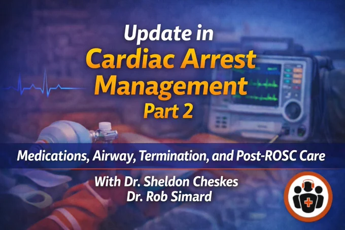 In this Part 2 or our 2-part EM Cases podcast series on Cardiac Arrest Update, Dr. Sheldon Cheskes and Dr. Rob Simard take us beyond the algorithms and into the real-world decision-making of cardiac arrest care. We answer questions like: Do vasopressin and steroids improve survival or just ROSC? Should we be giving amiodarone earlier—and is lidocaine just as good? When should we use calcium, bicarbonate, or magnesium, and when should we avoid them? What role does ketamine play in CPR-induced consciousness? How should we choose between supraglottic airways and endotracheal intubation? What are the pitfalls of waveform capnography (ETCO2) to help guide CPR quality, detect ROSC, and inform prognosis? What is the role of PoCUS and TEE during cardiac arrest? When should we terminate resuscitation—and how do ETCO2 and POCUS factor into that decision? Should we widen the criteria to consider thrombolytics and who should go to the cath lab, and should we be ordering whole-body CT?   many more