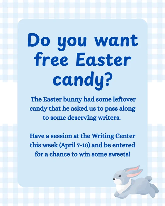 Text reads: “Do you want free Easter candy?

The Easter bunny had some leftover candy that he asked us to pass along to some deserving writers.

Have a session at the Writing Center this week (April 7-10) and be entered for a chance to win some sweets!”

The post features a graphic of a bunny. 