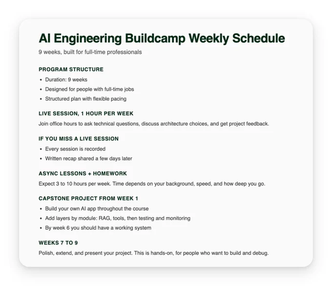 AI Engineering Buildcamp schedule outlines a 9-week program for full-time professionals, featuring weekly live sessions and asynchronous lessons.