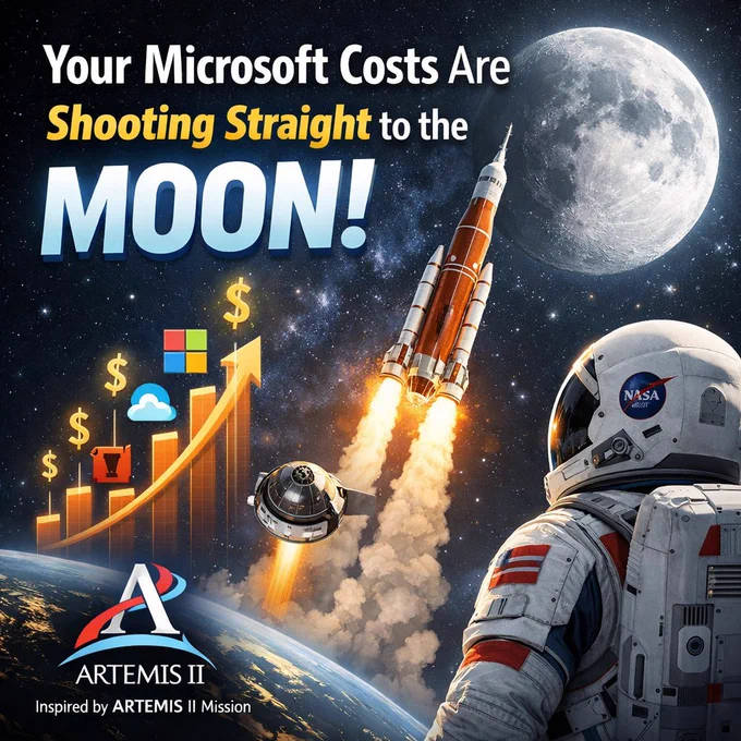Artemis II-inspired graphic showing Microsoft 365 licensing costs rising sharply, with a rocket launching toward the Moon alongside a bar chart of escalating dollar amounts and Microsoft product icons