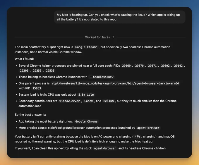 A report identifies Google Chrome as the main cause of a Mac's overheating, highlighting several active processes and low CPU idle time.