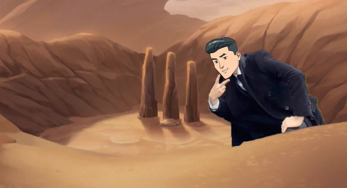  Mark smiles and flashes a peace sign next to Conquest's grave