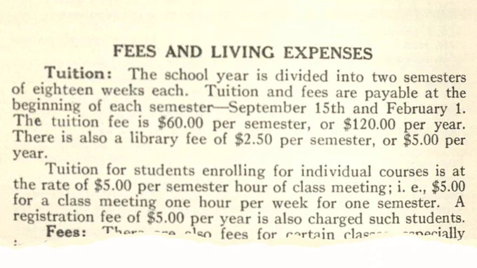 A page torn from a history of Richmond Professional Institute shows tuition fees in the 1920s.
