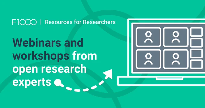 F1000 presents \"Webinars and workshops from open research experts.\" A laptop graphic shows multiple video call screens. A dotted line with an arrow links the text to the laptop, suggesting online learning.