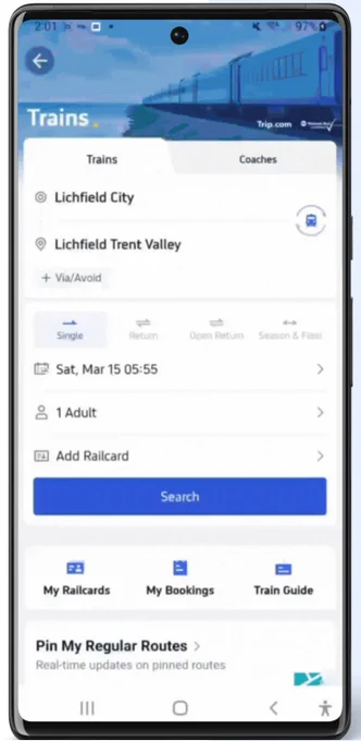 A smartphone displays a train ticket search interface with fields for a journey from Lichfield City to Lichfield Trent Valley for one adult on Saturday, March 15th at 05:55. A prominent blue "Search" button is positioned below ticket type options like "Single" and "Return." The screen also features icons for "My Railcards," "My Bookings," and "Train Guide" along the bottom.