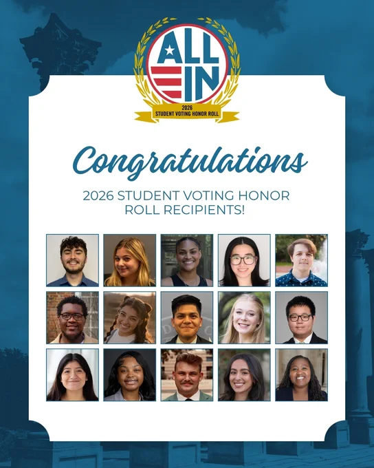 A congratulatory image for the 2026 Student Voting Honor Roll recipients. It features the All In Challenge logo at the top. Below, there are fifteen individual portraits of the recipients arranged in a grid. The background includes a subtle depiction of classical architecture.