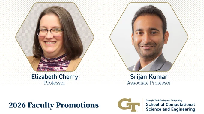 Graphic illustration celebrating School of CSE faculty members Elizabeth Cherry and Srijan Kumar on their promotions. Cherry was promoted to full professor. Kumar earned tenure and promotion to associate professor.