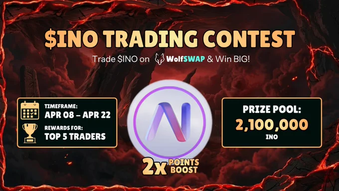Trading contest for $INO on WolfSWAP with a prize pool of 2,100,000 $INO. Points double for top traders between April 8-22.