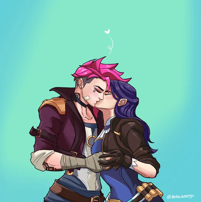 Digital art of 2XKO Caitlyn and vi sharing a kiss