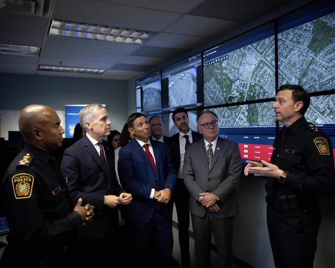 Prime Minister Carney visits a law enforcement facility in Brampton, Ontario.