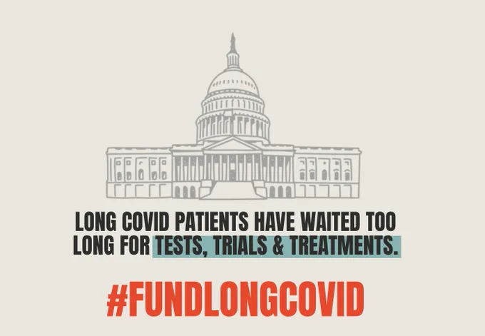 Drawn image of the U.S. Capitol dome, with the words underneath: Long COVID patients have waited too long for TESTS, TRIALS & TREATMENTS. #FundLongCOVID