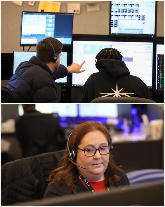 Collage of two photos: photo of two 9-1-1 telecommunicators at a desk working on a call. Photo of a call taker sitting at her desk, wearing a headset.