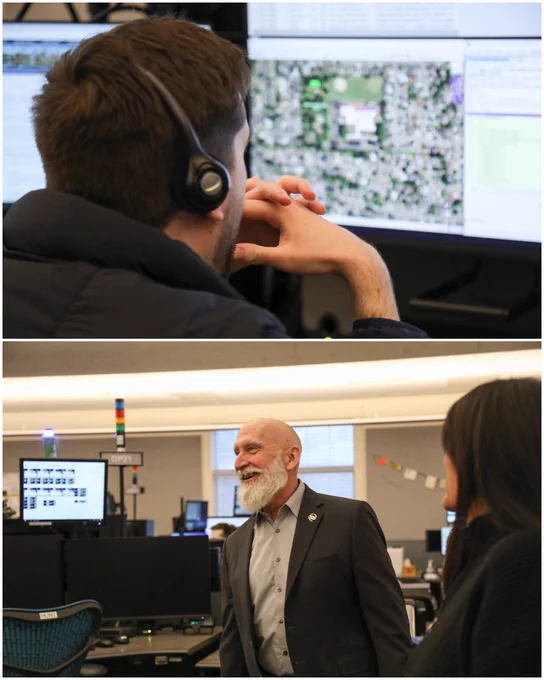 Collage of two photos: photo of 9-1-1 telecommunicator sitting at this desk, looking at a map. Photo of Bob Cozzie, Deputy City Administrator for the Public Safety Service Area addressing the 9-1-1 call takers.
