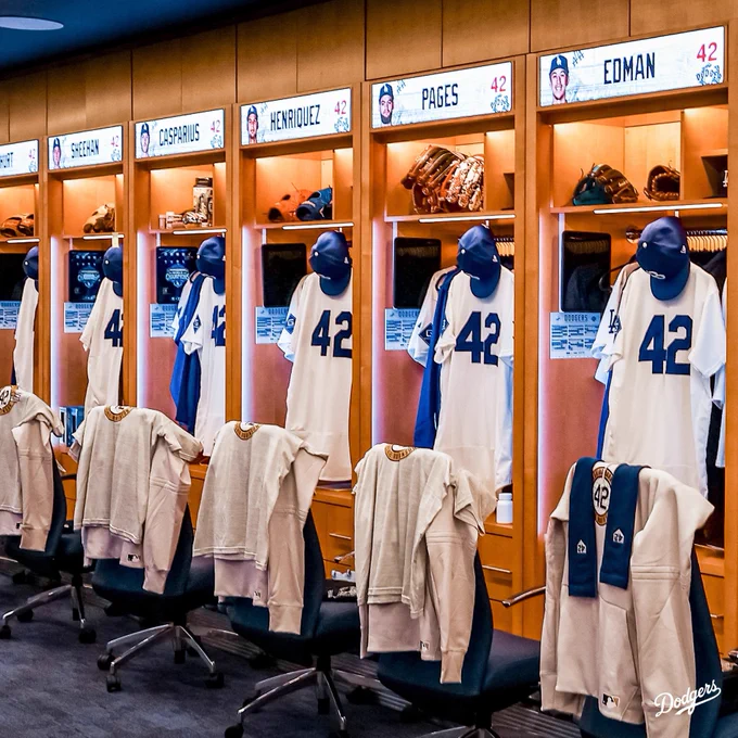 A photo of the Dodger Clubhouse with No. 42 jerseys hanging up in the lockers.