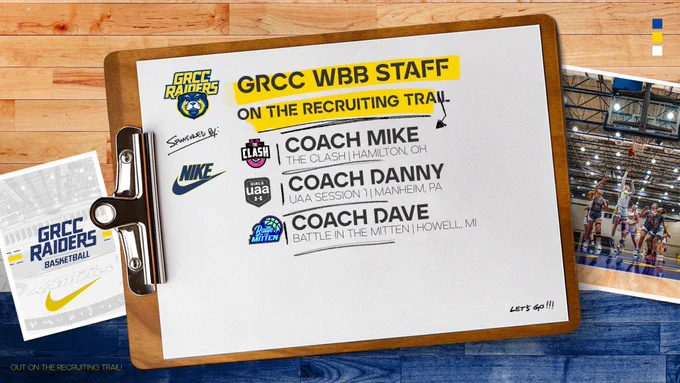 Graphic listing the three AAU events the GRCC Women’s Basketball Staff will be attending between 04-17-2026 & 04-19-2026.