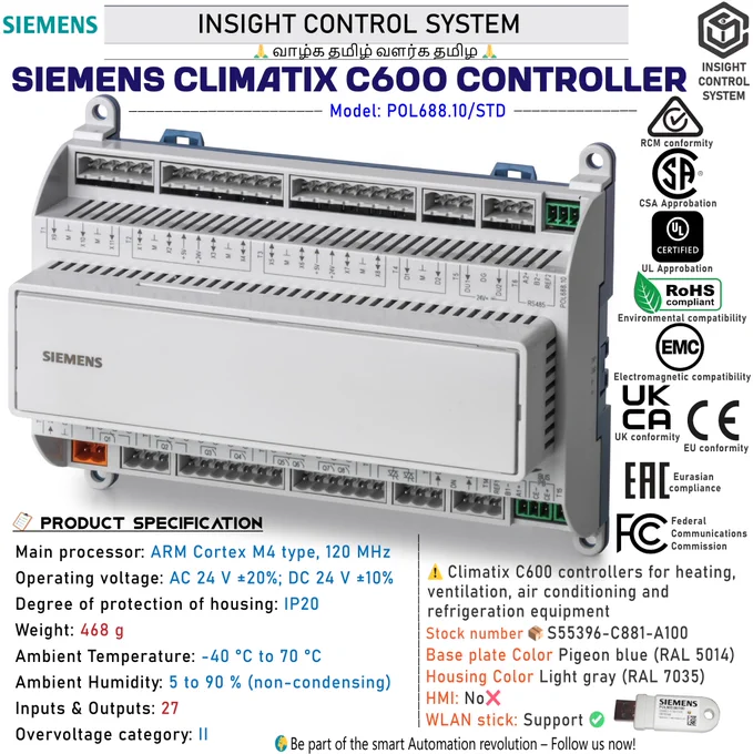 💡 Highlight:
• Freely programmable modular controllers
• 21, 27 and 29 physical inputs / outputs per controller
• Integrated stepper motor outputs with failsafe behavior (UPS)
• Integrated local or remote HMI
• Standard USB service connection for tool access
• Ethernet port for Modbus, BACnet, OPC UA, SNMP, servicing and Climatix IC
• SD card interface for applications, firmware update, and archiving
• Physical input/output extension using extension modules
• RS-485 (galvanically separated) interface for Modbus and BACnet
• RS-485 interface for Modbus
• Process bus for networking of Siemens devices
• Additional connectivity with BACnet IP, BACnet MS/TP, Modbus, M-bus and LON communication modules
• BACnet profile (B-ASC) Application Specific Controller is supported