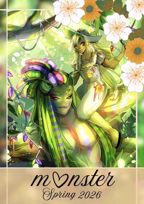 Digital illustration of a humanoid plant creature with a tan woman in overalls on its shoulder. They are in a jungle of greens, purples, pinks, and yellows. The image is framed by white lines with flowers in the top right. Monster Spring 2026 is written at the bottom of the image in cursive.
