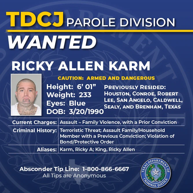 TDCJ has issued a warrant for the arrest of Ricky Karm for failure to comply with his supervision.