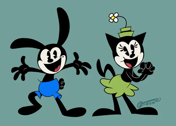 Oswald the Lucky Rabbit and Ortensia Whiskers from Disney, with their Mickey Mouse (2013) designs.