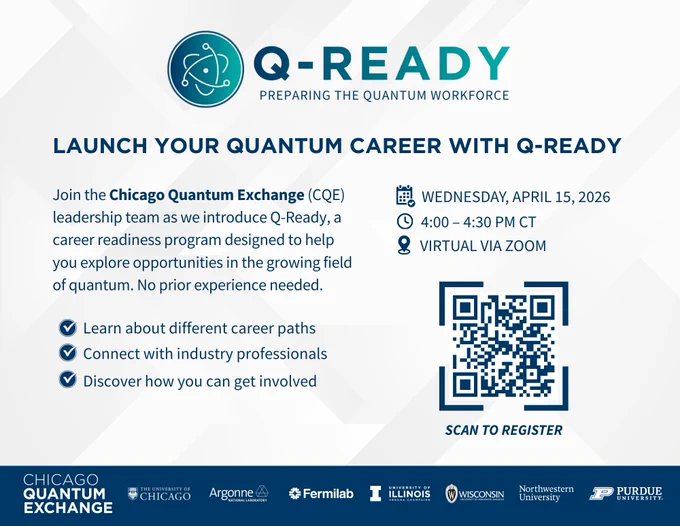 Flyer for the Q-Ready program by Chicago Quantum Exchange, offering a virtual event on quantum career readiness.