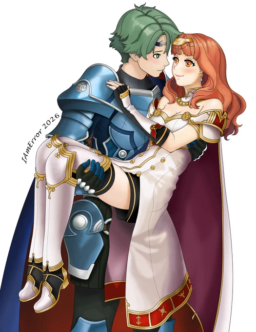 Alm and Celica from Fire Emblem: Shadows of Valentia, with the drawing being a reference to a scene that takes place towards the end of the game when the duo is finally reunited.