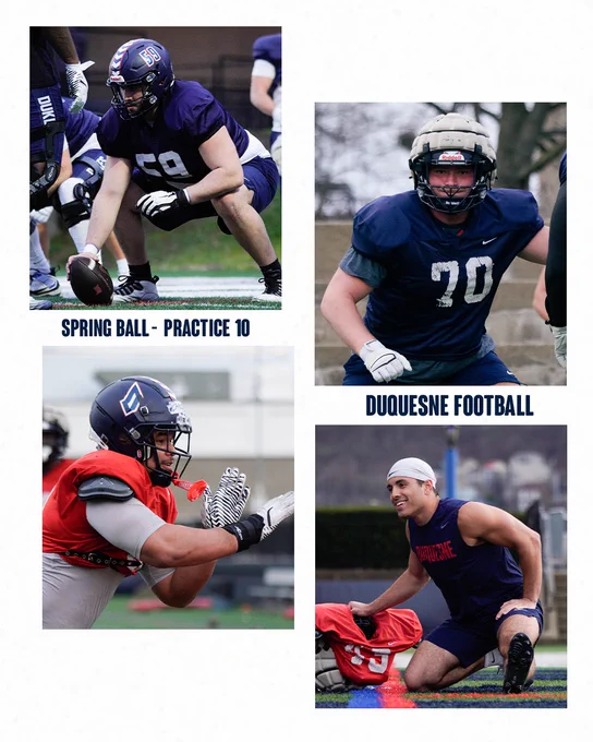 Photo collage from football practice with text that reads Spring Ball - Practice 10. Duquesne Football