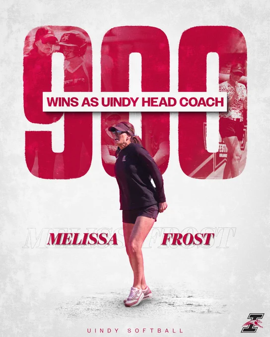 A graphic celebrating Melissa Frost and her 900th win as the UIndy softball head coach.