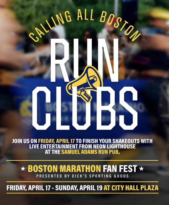 Graphic encouraging Boston run clubs to attend Boston Marathon Fan Fest presented by DICK’S Sporting Goods on the evening of Friday, April 17th for live entertainment and cold beverages
