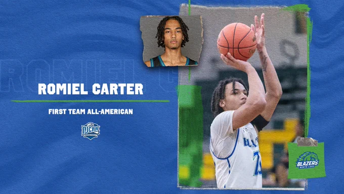 Dallas College North Lake men's basketball's Romiel Carter (shooting, with a ball about to roll off his palm as he raises other hand) was named a First Team All-American. 