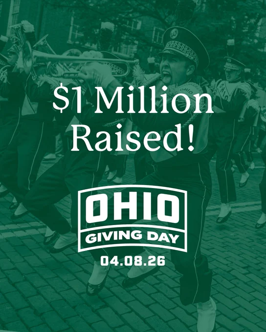 Graphic with band member dancing with green overlay. Text reads, “$1 Million Raised.” OHIO Giving Day logo included at the bottom.
