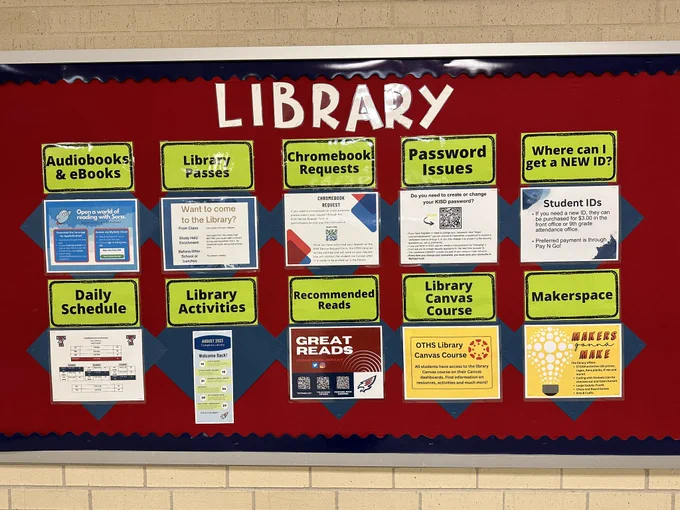 Bulletin board with the title "Library" and a grid of information about library services, including how to submit Chromebook Requests and how to take the Library Canva Course.