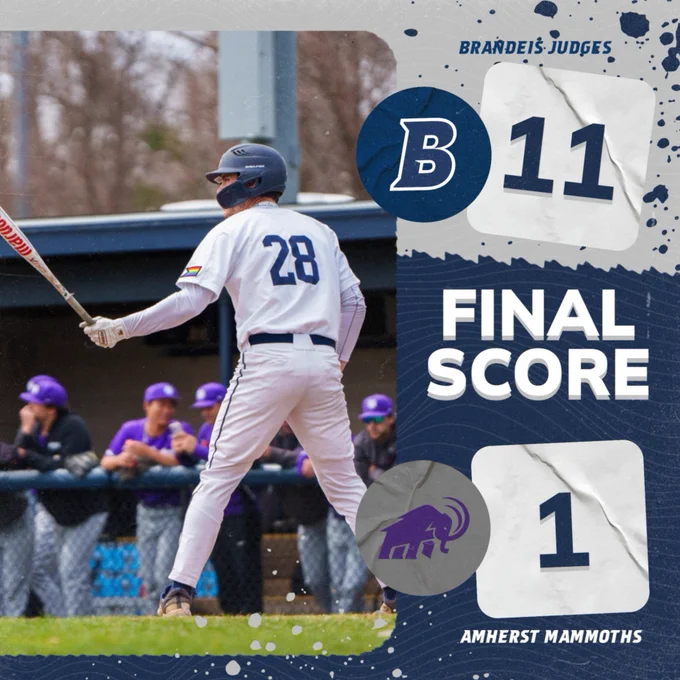 TEXT: FINAL SCORE; Brandeis Baseball 11, Amherst Mammoths 1
IMAGE: Henry Aronwald in the batter's box awaiting a pitch during a baseball game